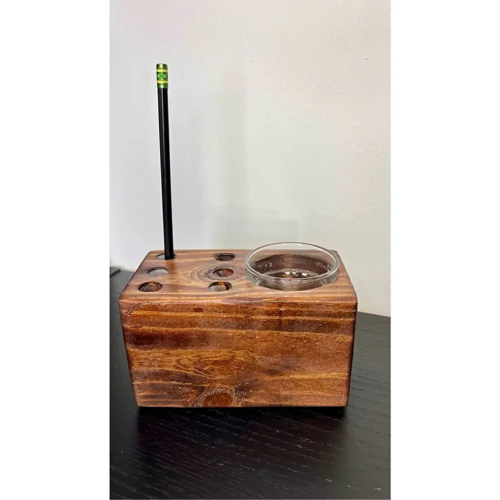 MCM Handmade Wooden Glass Pencil Organizer Brown